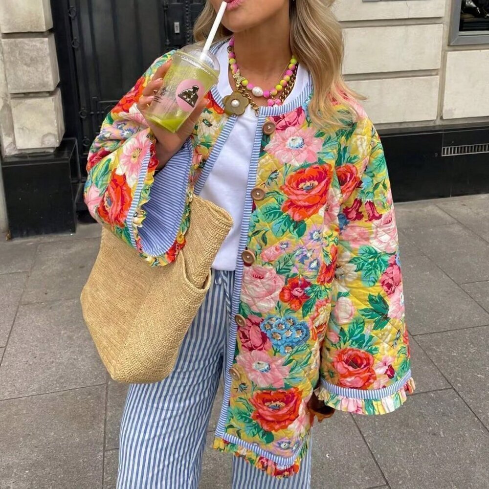 Multicolor Casual Women's Floral Puffer Quilted Jacket Vintage Flower Print Butt